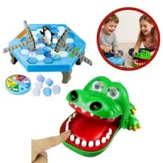 Kit Crocodilo Morde Dedo Jacaré Dentista + Pinguim Quebra Gelo Jogo Infantil Diversão em Família