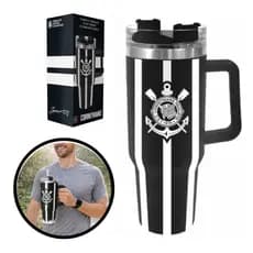 Copo Térmico Corinthians Oficial Licenciado 1200ml Inox com Tampa e Canudo