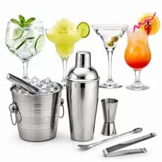 Kit Bartender Coqueteleira 500ml Balde de Gelo Inox 4 Taças Cocktail Gin Tônica Margarita Martini Dosador Colher Pegador