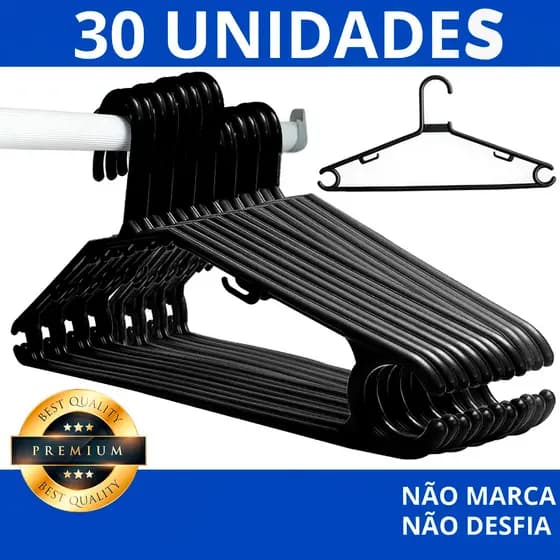 Kit 30 Cabide Organizador Adulto Preto Cabides Para Roupas Reforçado Com Gancho Arara Guarda Roupas