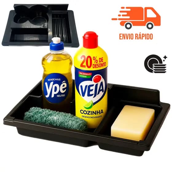 Porta Detergente e Sabão Organizador de Pia Esponja Suporte Sabão Bucha Preto Utensílios de Cozinha