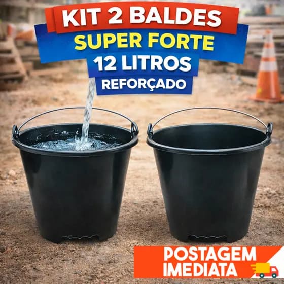 Balde Grande 2 Peças Super Reforçado Preto Premium 12 Litros Alça de Ferro Limpeza Resistente