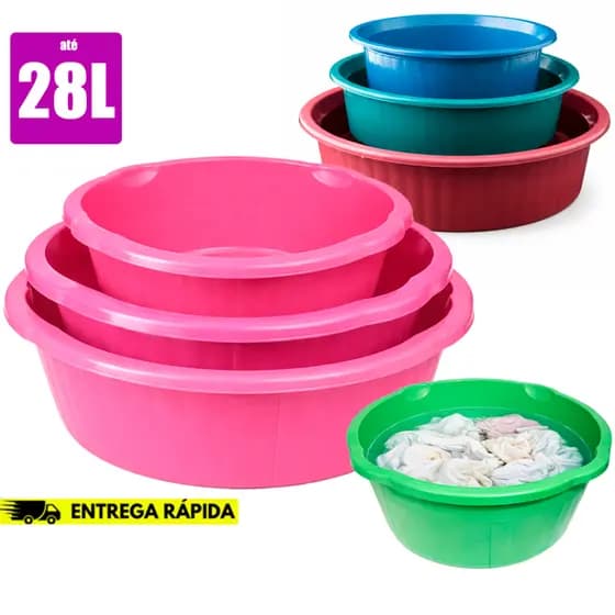 Kit Bacias Redondas GRANDE Média Coloridas Caneladas Plástico Multiuso Cozinha Lavanderia Lava Roupa