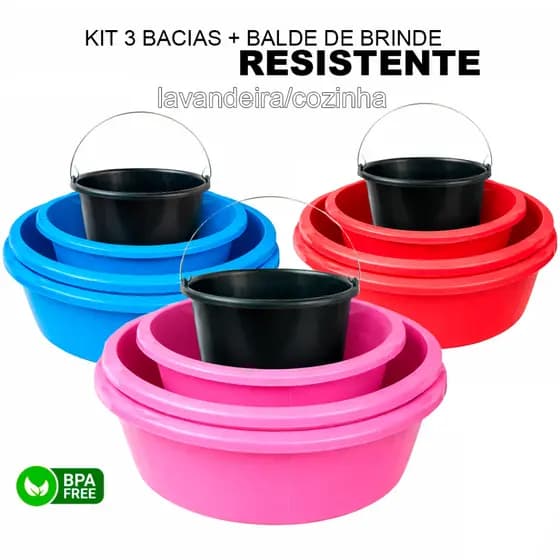 Kit 3 Bacias Plásticas Extra Grandes E Balde 12L Multiuso Lavanderia e Limpeza Casa Cozinha