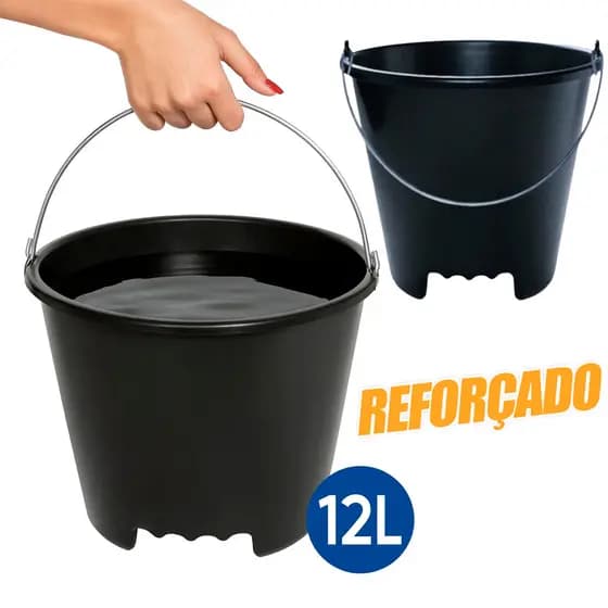 Balde Grande Super Reforçado Premium 12 Litros Alça de Ferro Preto Limpeza Uso Domestico