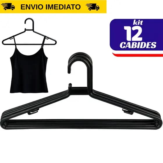 Kit 12 Cabide Leve de Plástico Preto Tradicional – Organização para Guarda-Roupa Camisa Calça