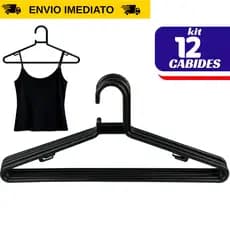Kit 12 Cabide Leve de Plástico Preto Tradicional – Organização para Guarda-Roupa Camisa Calça