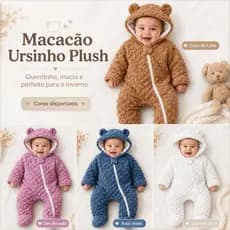 Macacão Bebê Soft Peluciado Ursinho  Quentinho Com Capuz e Zíper Roupa de Frio  Urso Infantil UNISEX 0 a 12 Meses