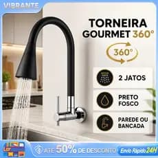 Torneira Gourmet Preta Flexível 360° 2 Jatos para Cozinha Parede ou Bancada 1/4 Volta