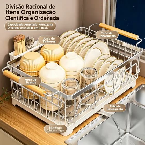 Escorredor de Louça em Aço Inoxidável 304, Removível, com Bandeja Escorredora para Cozinha