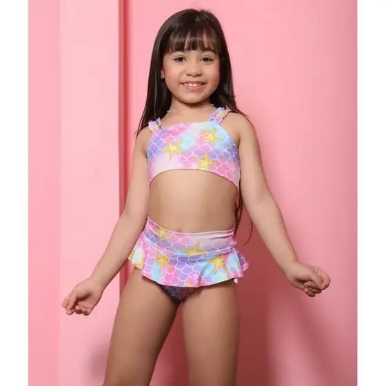 Biquíni Infantil Sereia Menina infantil Com Saia Babadinho Alça Frufru Proteção UV Praia Piscina Verão
