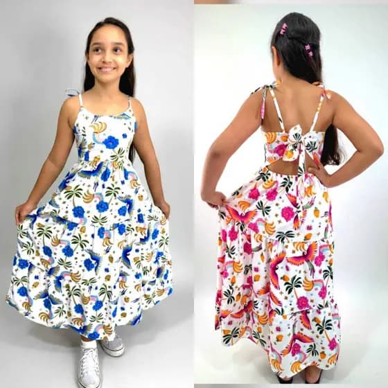 Vestido Longo Juvenil Feminino em Crepinho Estampa Tropical – Confortável Elegante - 8,10,12,14 e 16
