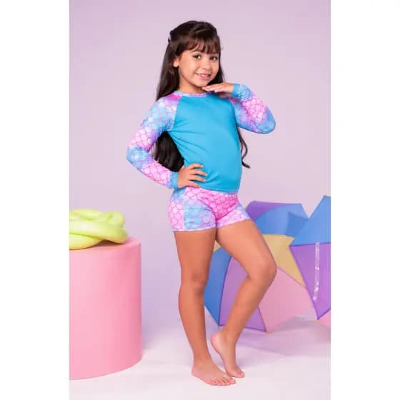 Conjunto Sereia Moda Praia Piscina Infantil Menina Camisa Manga Longa e Shortinho do 2,4,6,8,10 Anos