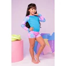 Conjunto Sereia Moda Praia Piscina Infantil Menina Camisa Manga Longa e Shortinho do 2,4,6,8,10 Anos