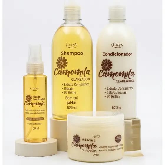 Kit Clareador Capilar Camomila Lucy's - Shampoo, Condicionador, Máscara, Fluido Iluminador