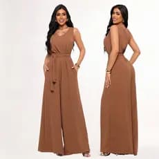 Macacão Feminino Elegante Pantalona Com Bolso e Faixa na Cintura Tecido Crepe Dunas do 38 ao 46