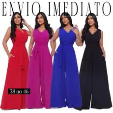 Macacão Pantalona Feminino Crepe Dunas com Faixa na Cintura Bolso Elegante Social Comportado Festas