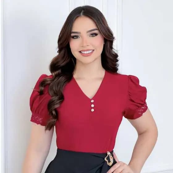 Blusa Feminina Social Gola V Com Renda Manga Curta Elegante