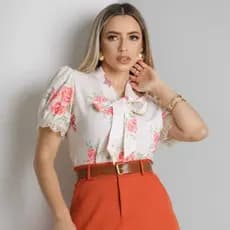 Linda Blusa Gola Laço Estampa floral manga curta