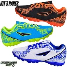 3 Pares Chuteira Society Adulto Gramado Sintetico Masculino Promoção Confortável Macio Leve