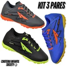 Kit 3 Pares Chuteira Society Infantil Masculino Colada E Costurada Menino Criança Cano Baixo