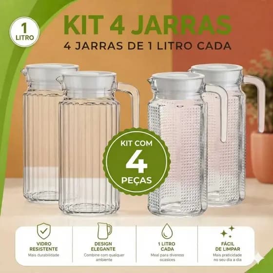 Jarra de Vidro TAMPA Transparente kit com 2- 4 jarras de 1 Litro - Design Elegante e Sofisticado