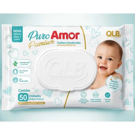 Combo 2/4/6 Pacotes ToalhaS Umedecida Puro Amor Premium  50Unid Cada - Sem Álcool