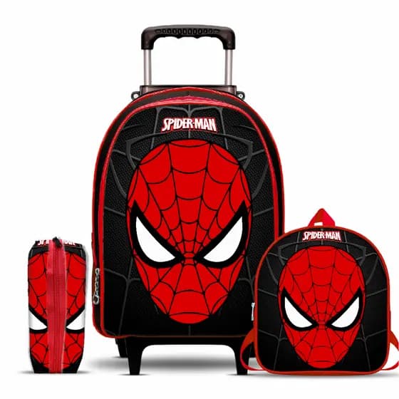 Mochila Escolar Aranha com Lancheira e Estojo - Menino - Rodinhas