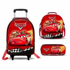 Mochila Escolar Carros + Lancheira TÉRMICA + Estojo BOX - Rodinha - Masculino - Menino