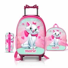 Mochila escolar Gata Marie com Lancheira e Estojo - Carrinho de Rodinhas - Feminino - Menina