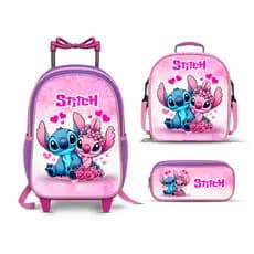 Mochila escolar infantil Stitch + Lancheira Térmica + Estojo de Rodinhas Reforçada - Menina