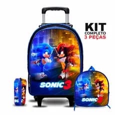 Kit Mochila Escolar Sonic 3 com Lancheira e Estojo - Rodinhas - Menino - Masculino