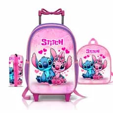 Mochila escolar Stitch Angel com lancheira e Estojo - Carrinho com rodinhas - menina - feminino