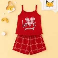 Baby Doll Love Vermelho Malha Premium Pijama Feminino Adulto Short e Alça Fina Verao Confortavel