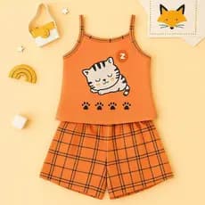 Baby Doll Gatinho Laranja Malha Premium Pijama Feminino Adulto Short e Alça Fina Verao Confortavel