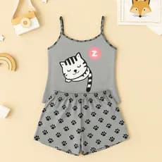 Baby Doll Gatinho Cinza Malha Premium Pijama Feminino Adulto Short e Alça Fina Verao Confortavel