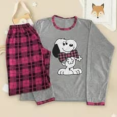 Pijama De Inverno Snoopy Fofo Malha Premium Longo Manga Comprida e Calça Feminino Adulto Estampado