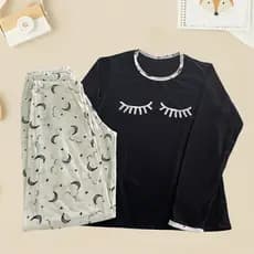 Pijama De Inverno Cilios Fofo Malha Premium Longo Manga Comprida e Calça Feminino Adulto Estampado