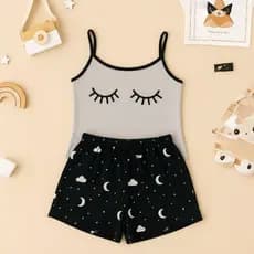 Baby Doll Cilios Fofo Cinza Malha Premium Pijama Feminino Adulto Short e Alça Fina Verao Confortavel