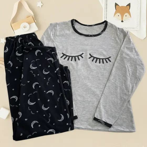 Pijama De Inverno Cilios Cinza Malha Premium Longo Manga Comprida e Calça Feminino Adulto Estampado