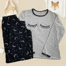 Pijama De Inverno Cilios Cinza Malha Premium Longo Manga Comprida e Calça Feminino Adulto Estampado
