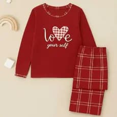 Pijama De Inverno Love Xadrez Malha Premium Longo Manga Comprida e Calça Feminino Adulto Estampa