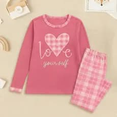 Pijama De Inverno Love Rosa Malha Premium Longo Manga Comprida e Calça Feminino Adulto Estampa
