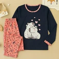 Pijama De Inverno Capivarinhas Fofas Malha Premium Longo Manga Comprida e Calça Feminino Adulto