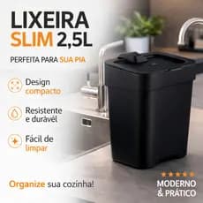 Lixeira Slim 2,5L Compacta para Pia Cozinha Moderna Preta com Tampa Lixeira de Bancada