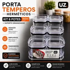 Porta Temperos Hermético UZ Kit 6 Potes Organizadores com Suporte Transparente