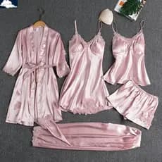 Conjunto de 5 Peças de Pijama de Seda com Renda para Mulheres, com Camisola de Alças e Decote em V