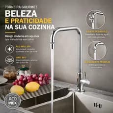 Torneira Cozinha 360° Giratória Monocomando Aço Inox Cromado Bancada Gourmet