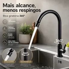 Torneira Cozinha Monocomando Água Fria Preto Fosco Bancada Giratório 360° Arejador Aço Inox Gourmet