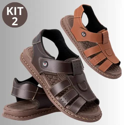 Kit 2 Pares de Sandalias MAsculina de Couro Sola Anatomica Confortavel ante-stress